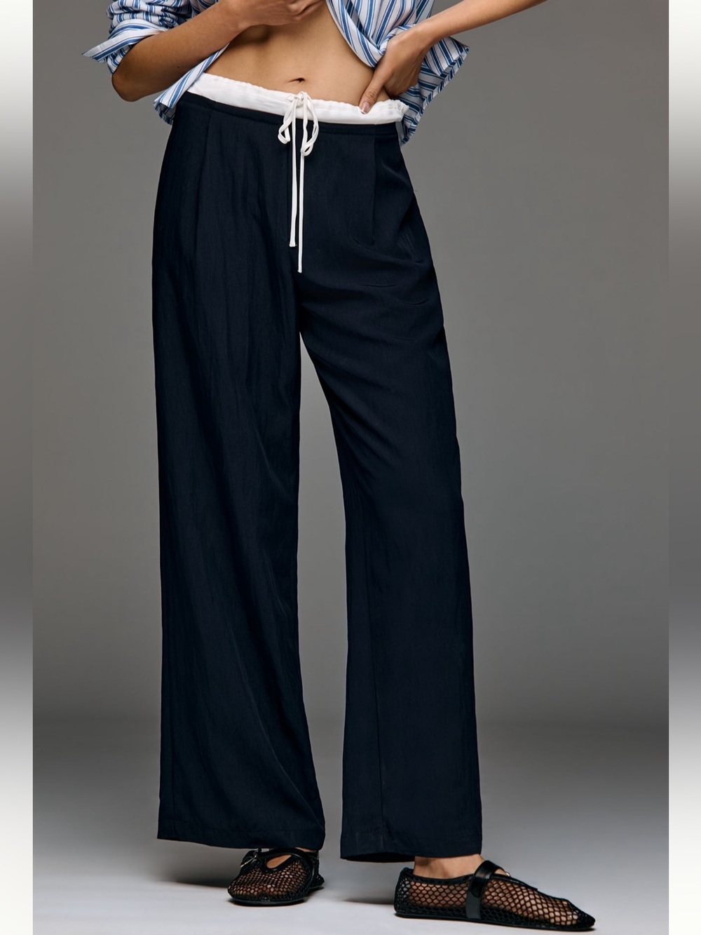 Anthropologie Flowy Black Wide Leg Drawstring Pants Trousers Medium NWT